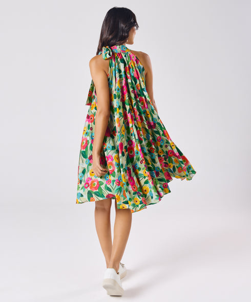 Halter Neck Flouncy Printed Dress