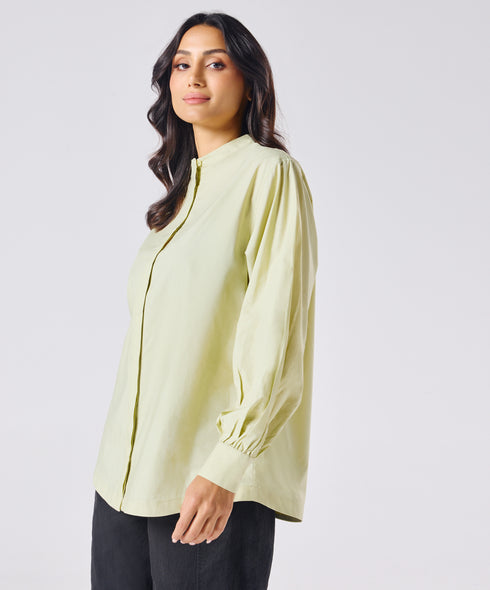 Mandarin Collar Cotton Oversized Shirt- Cream Green