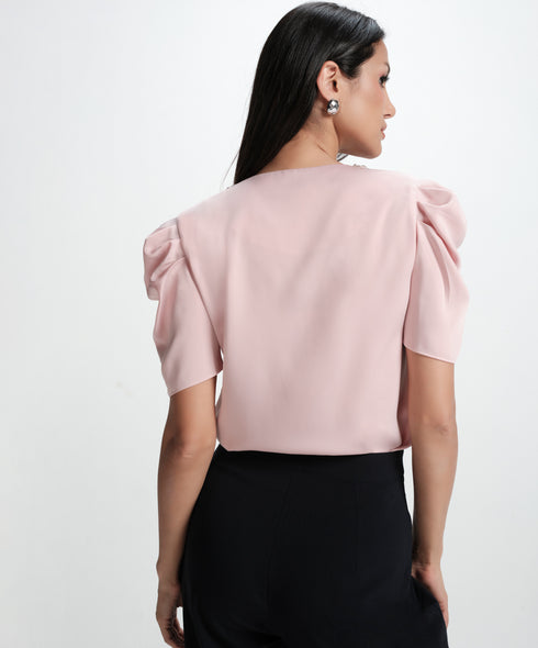 Vneck Sleeve Gathered Glamorous Satin Top