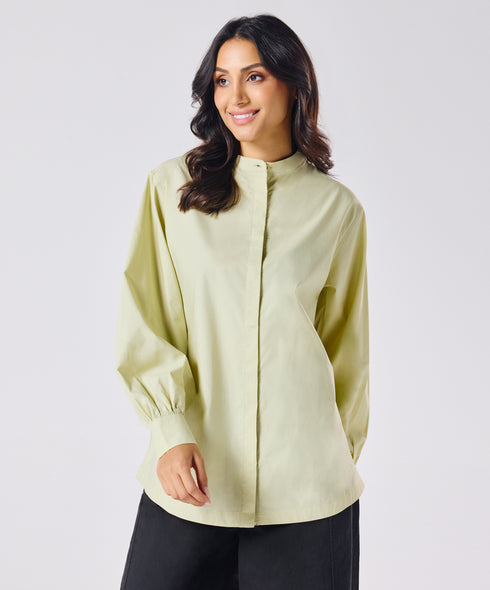 Mandarin Collar Cotton Oversized Shirt- Cream Green
