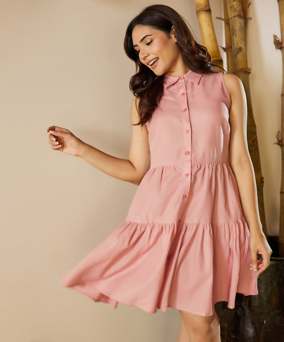 Women's Pink Shirt Collar Roll-Up Sleeves Belted Shirt Dress