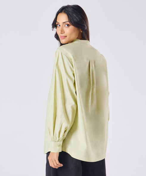 Mandarin Collar Cotton Oversized Shirt- Cream Green