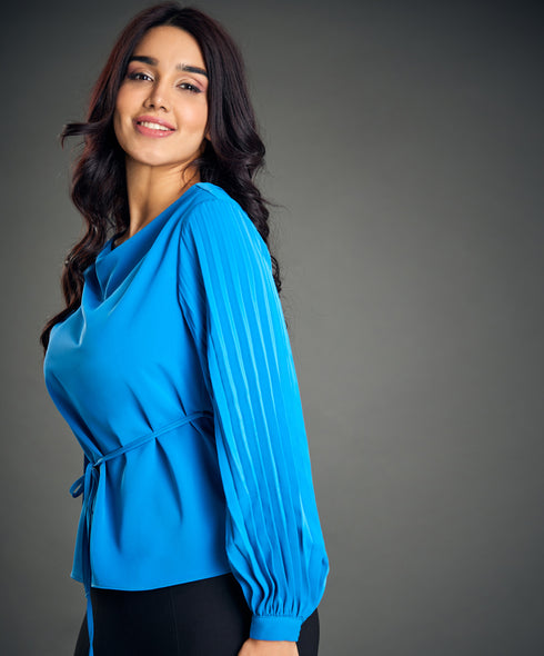Sleeve Pleated Waist Tie Blue Top