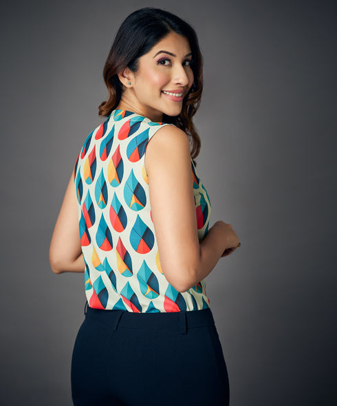 Front Button Sleeveless Printed Blouse