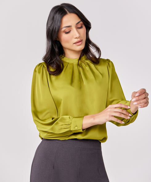 Satin Pleated Olive Long Sleeve Top