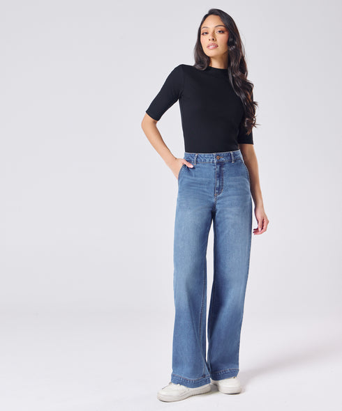 Flared Leg Mid Wash High Rise Jean