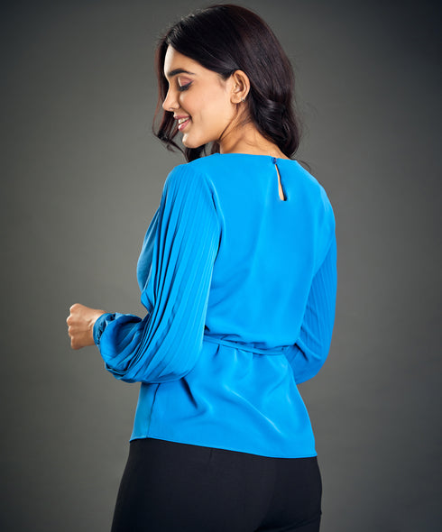 Sleeve Pleated Waist Tie Blue Top