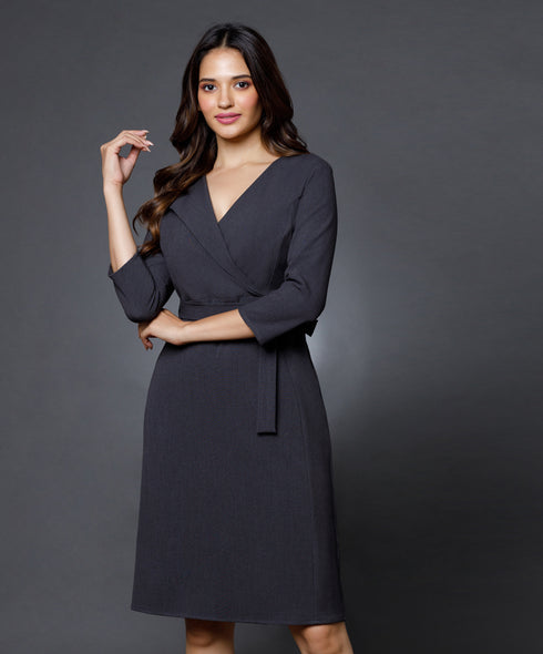 Skater Lapel Attached Grey Dress