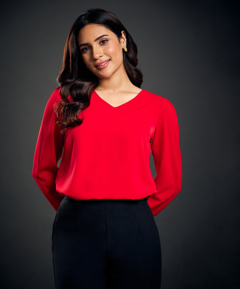 Vneck Detailed Chiffon Red Top