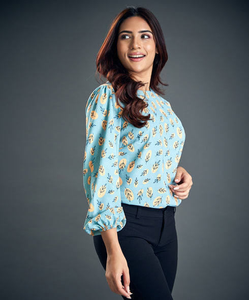 Leaf Print Lantern Sleeve Blouse