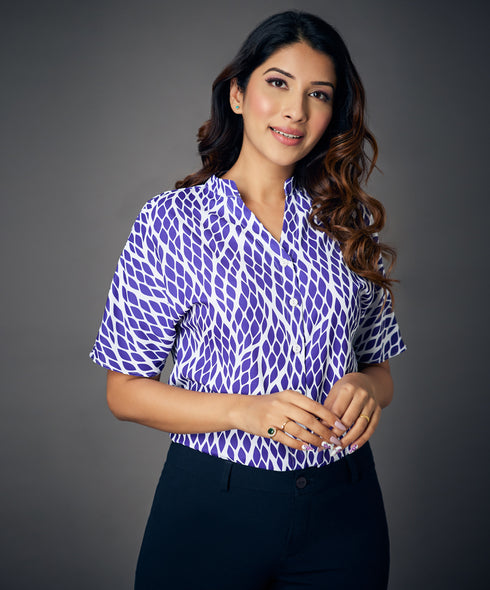 Notched Neck Batwing Sleeve Blue Blouse