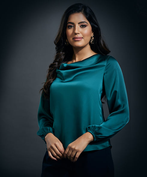 Cowl Neck Long Sleeve Satin Top-Dark Green