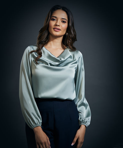 Cowl Neck Long Sleeve Satin Top-Olive