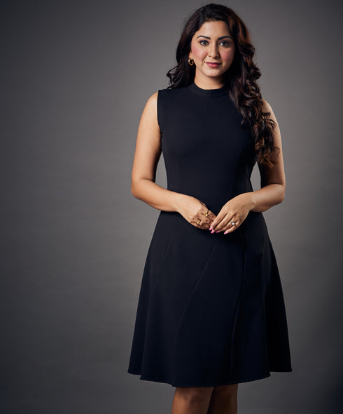 Slanted Panel Skater Black Dress