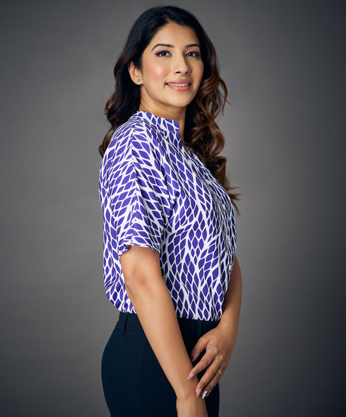 Notched Neck Batwing Sleeve Blue Blouse