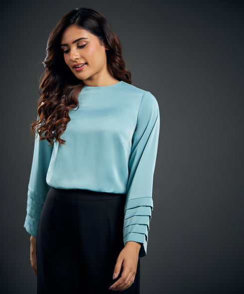 Long Sleeve Pleated Blue Satin Top