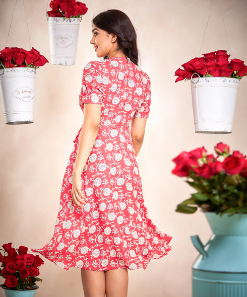 Vneck Chiffon Printed Vintage Dress