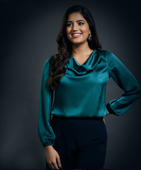 Cowl Neck Long Sleeve Satin Top-Dark Green