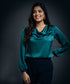 Cowl Neck Long Sleeve Satin Top-Dark Green