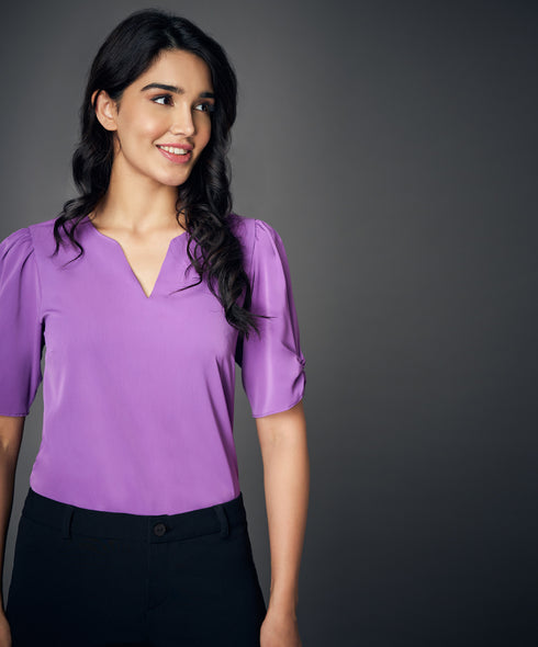 Notched Neck Solid Purple Blouse