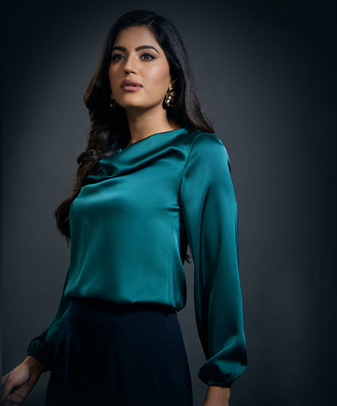 Cowl Neck Long Sleeve Satin Top-Dark Green
