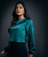 Cowl Neck Long Sleeve Satin Top-Dark Green