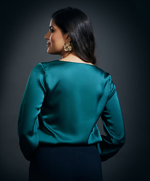Cowl Neck Long Sleeve Satin Top-Dark Green
