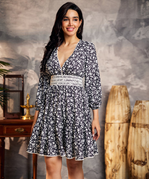 Lantern Sleeve Lace Trim Floral Dress