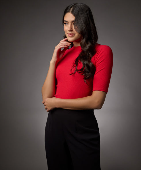 Short Sleeve High Neck Rib Top- Red