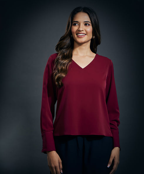 Cuff Scalloped Chiffon  Top-Maroon