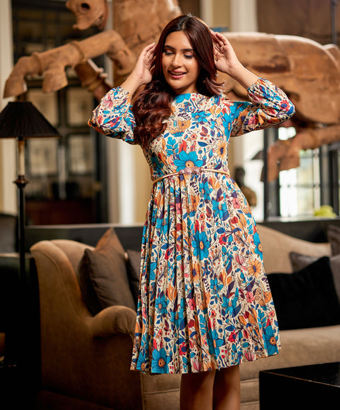 Pleated Long Sleeve Floral Neck Dress