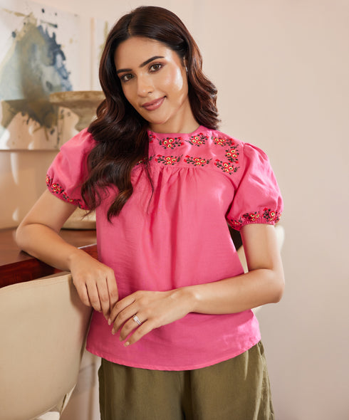 Embroidered Short Sleeve Linen Top