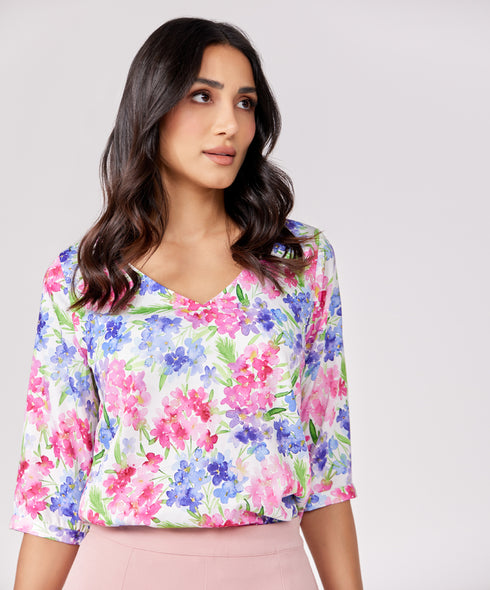 Vneck Half Sleeve Chiffon Printed Top