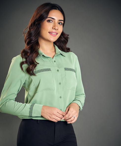 Embroidered Collar And Sleeve Green Top