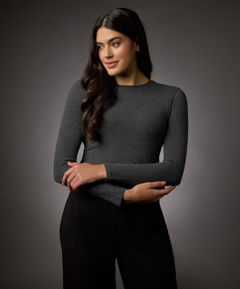 Long Sleeve Round Neck Rib Top- Dark Grey