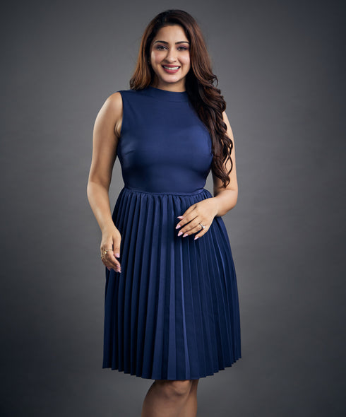 Sleeveless High Neck Pleated Blue Dress