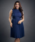 Sleeveless High Neck Pleated Blue Dress