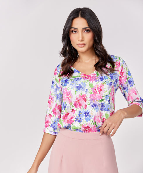 Vneck Half Sleeve Chiffon Printed Top
