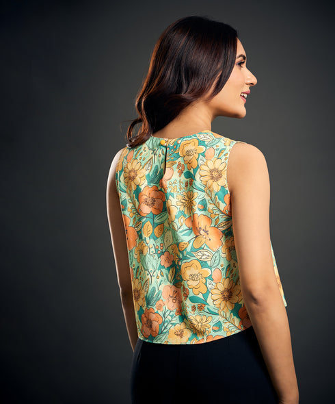 Sleeveless Flared Printed Chiffon Crop Top