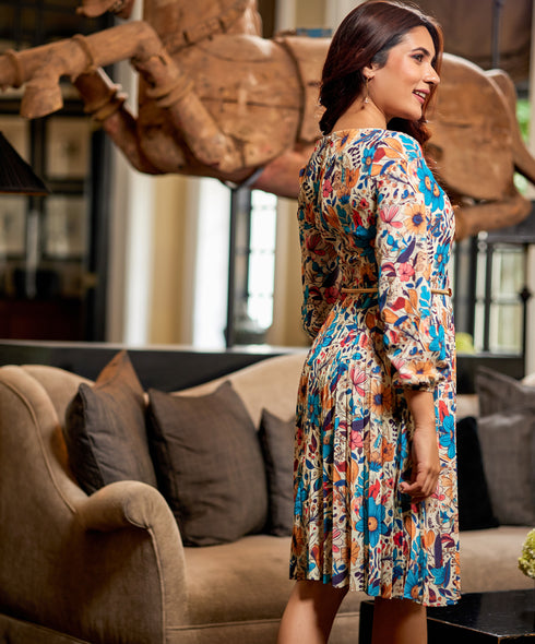 Pleated Long Sleeve Floral Neck Dress