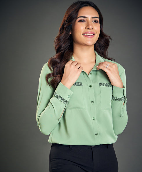 Embroidered Collar And Sleeve Green Top