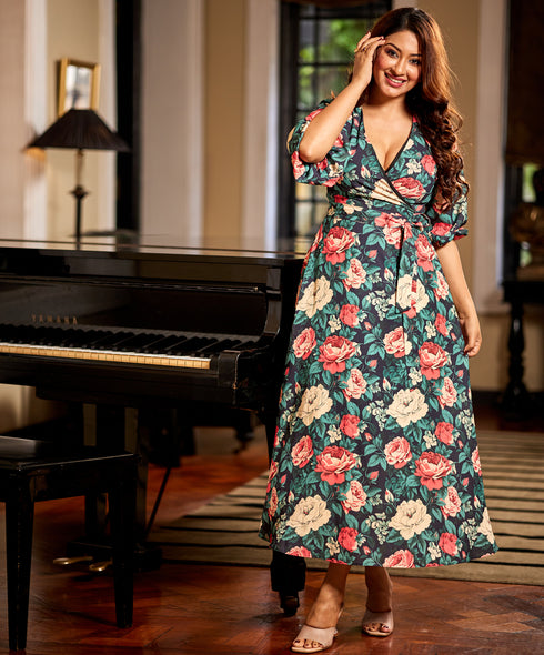 Vneck Half Sleeve Printed Midi Dress