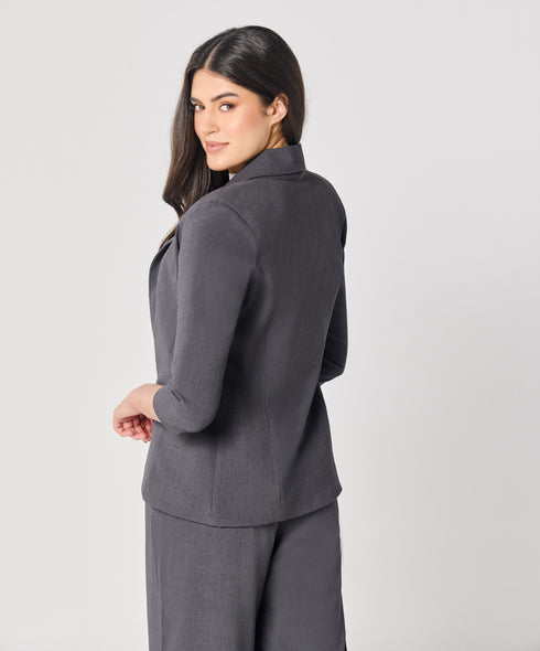 Curved Label Collared Classic Jacket- Grey