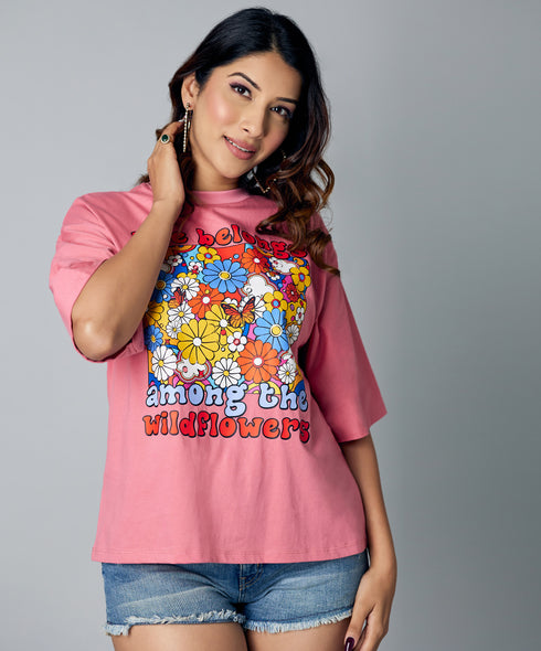 Floral Print Oversize Pink Tshirt