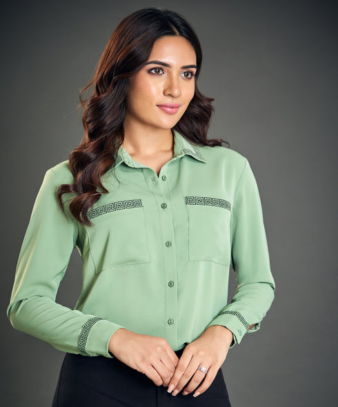 Embroidered Collar And Sleeve Green Top