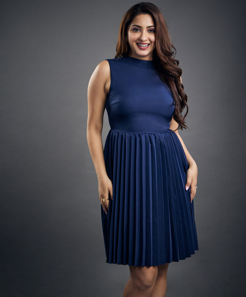 Sleeveless High Neck Pleated Blue Dress