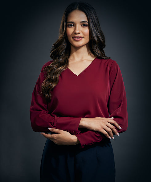 Cuff Scalloped Chiffon  Top-Maroon