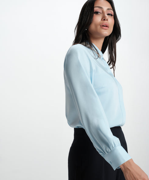 Collar Bead Detailed Chiffon Blue Shirt