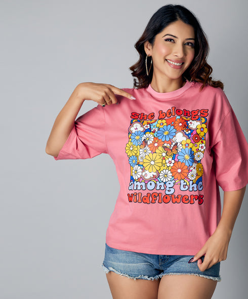 Floral Print Oversize Pink Tshirt