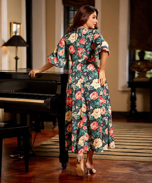 Vneck Half Sleeve Printed Midi Dress